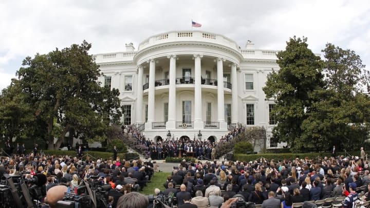 Apr 23, 2015; Washington, DC, USA; President Barack Obama speaks during a ceremony honoring the 2014 Super Bowl Champion New England Patriots on the South Lawn at the White House. Mandatory Credit: Geoff Burke-USA TODAY Sports