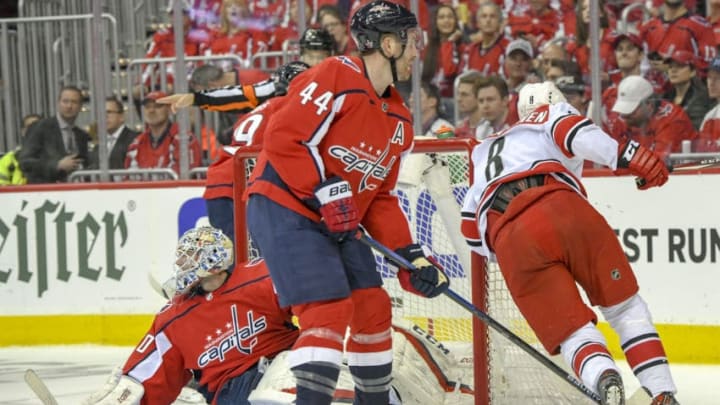 WASHINGTON, DC - APRIL 13: Washington Capitals goaltender Braden Holtby (70) sprawls on the ice after giving up a first period goal to the Carolina Hurricanes on April 13, 2019, at the Capital One Arena in Washington, D.C. in the first round of the Stanley Cup Playoffs. (Photo by Mark Goldman/Icon Sportswire via Getty Images)