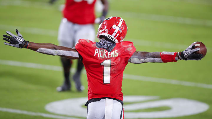 ATHENS, GA – OCTOBER 03: George Pickens #1 of the Georgia Bulldogs reacts after a touchdown during the second quarter of a game against the Auburn Tigers at Sanford Stadium on October 3, 2020 in Athens, Georgia. (Photo by Todd Kirkland/Getty Images)