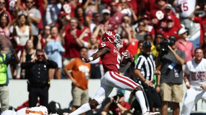 DALLAS, TX - OCTOBER 06: Marquise Brown #5 of the Oklahoma Sooners during the 2018 AT&T Red River Showdown at Cotton Bowl on October 6, 2018 in Dallas, Texas. (Photo by Ronald Martinez/Getty Images)