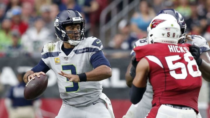 GLENDALE, ARIZONA - SEPTEMBER 29: Quarterback Russell Wilson #3 of the Seattle Seahawks looks to pass against the Arizona Cardinals during the second half of the NFL football game at State Farm Stadium on September 29, 2019 in Glendale, Arizona. (Photo by Ralph Freso/Getty Images)