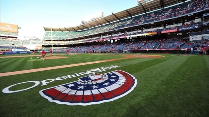 April 9, 2013; Anaheim, CA, USA; General view of opening week logo on field before the Los Angeles Angels play against the Oakland Athletics at Angel Stadium of Anaheim. Mandatory Credit: Gary A. Vasquez-USA TODAY Sports