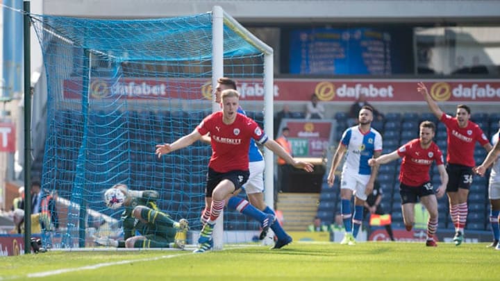 BLACKBURN, ENGLAND- APRIL 8: Marc Roberts of Barnsley scores the opening goal during the Sky Bet Championship match between Blackburn Rovers and Barnsley at Ewood Park on April 8, 2017 in Blackburn, England. (Photo by Nathan Stirk/Getty Images)