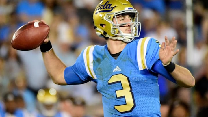 PASADENA, CA - SEPTEMBER 24: Josh Rosen #3 of the UCLA Bruins passes in the pocket during the fourth quarter against the Stanford Cardinal at Rose Bowl on September 24, 2016 in Pasadena, California. (Photo by Harry How/Getty Images)