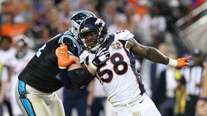 Feb 7, 2016; Santa Clara, CA, USA; Denver Broncos outside linebacker Von Miller (58) rushes the passer against Carolina Panthers tackle Mike Remmers (74) in Super Bowl 50 at Levi