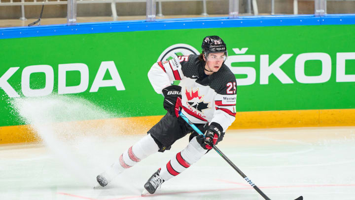 RIGA, LATVIA – JUNE 05: Owen Power #25 of Canada in action during the 2021 IIHF Ice Hockey World Championship Semi Final game between USA and Canada at Arena Riga on June 5, 2021 in Riga, Latvia. Canada defeated the United States 4-2. (Photo by EyesWideOpen/Getty Images)
