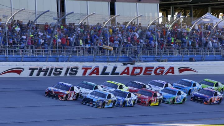 TALLADEGA, AL - MAY 07: Kyle Busch, Joe Gibbs Racing, Skittles Red, White, & Blue Toyota Camry (18) and Ricky Stenhouse Jr, Roush Fenway Racing, Fifth Third Bank Ford Fusion (17) battle to the finish of the Monster Energy NASCAR Cup Series race on May 7, 2017 at Talladega Superspeedway in Talladega, AL. (Photo by David J. Griffin/Icon Sportswire via Getty Images)