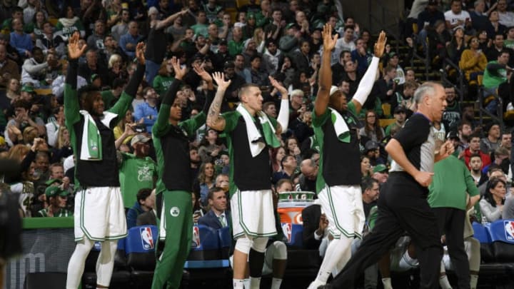 BOSTON, MA - JANUARY 02: The Boston Celtics bench celebrates during the game against the Minnesota Timberwolves on January 02, 2019 at the TD Garden in Boston, Massachusetts. NOTE TO USER: User expressly acknowledges and agrees that, by downloading and or using this photograph, User is consenting to the terms and conditions of the Getty Images License Agreement. Mandatory Copyright Notice: Copyright 2019 NBAE (Photo by Brian Babineau/NBAE via Getty Images)