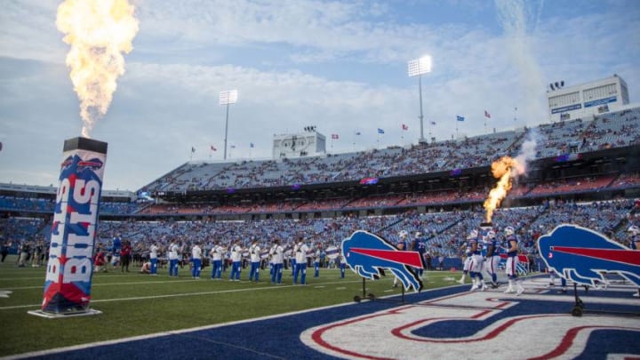 ORCHARD PARK, NY - AUGUST 09: Pyrotechnics explode as the Buffalo Bills enter the field before a preseason game against the Carolina Panthers at New Era Field on August 9, 2018 in Orchard Park, New York. (Photo by Brett Carlsen/Getty Images)