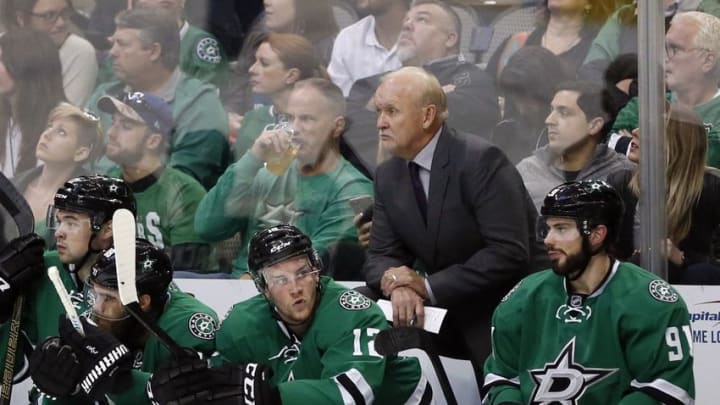 Oct 20, 2016; Dallas, TX, USA; Dallas Stars head coach Lindy Ruff watches action on the bench in the second period against Los Angeles Kings at American Airlines Center. Mandatory Credit: Tim Heitman-USA TODAY Sports