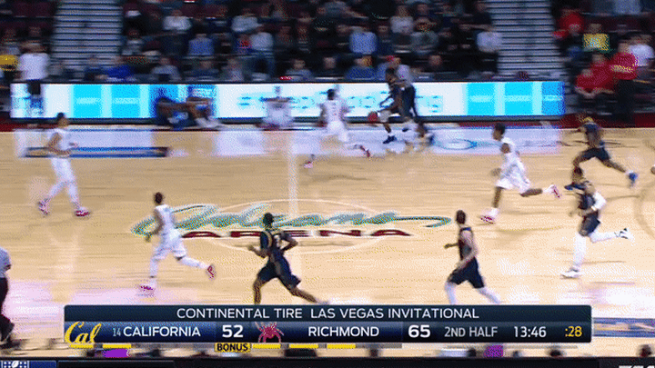 California v Richmond - Brown scoring in transition, behind the back dribble, takes the body contact, crazy finish