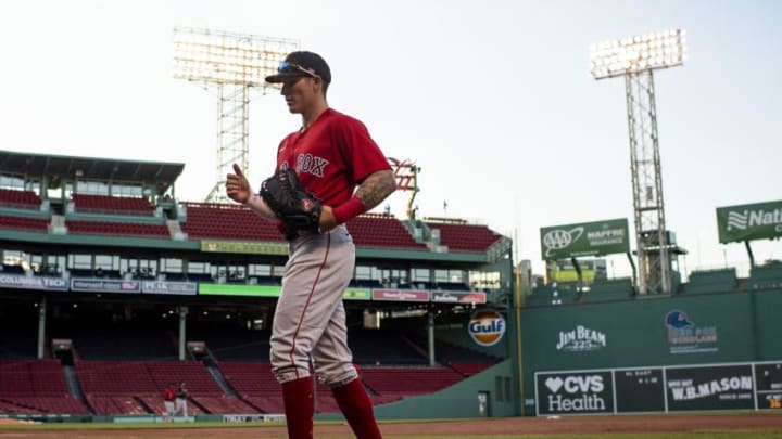 BOSTON, MA - JULY 20: Jarren Duran #92 of the Boston Red Sox walks toward the dugout during an intrasquad game during a summer camp workout before the start of the 2020 Major League Baseball season on July 20, 2020 at Fenway Park in Boston, Massachusetts. The season was delayed due to the coronavirus pandemic. (Photo by Billie Weiss/Boston Red Sox/Getty Images)