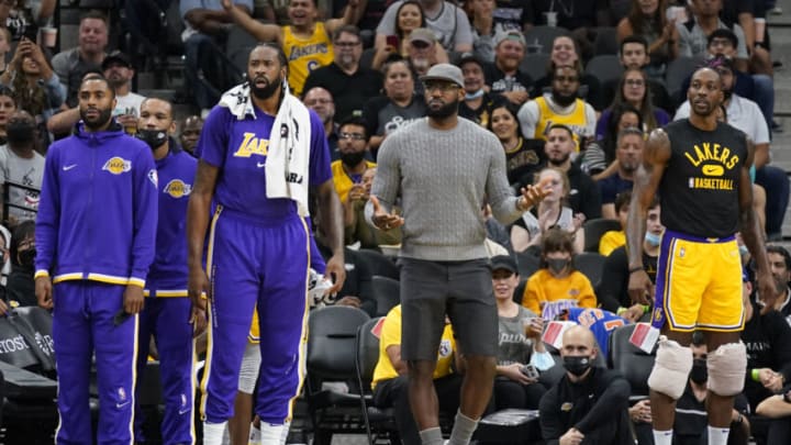 Oct 26, 2021; San Antonio, Texas, USA; Los Angeles Lakers forward LeBron James (6) wants a foul call from the bench in the first half of the game against the San Antonio Spurs at AT&T Center. Mandatory Credit: Scott Wachter-USA TODAY Sports