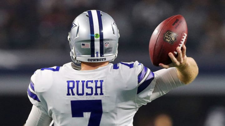 ARLINGTON, TX - AUGUST 26: Cooper Rush #7 of the Dallas Cowboys goes to pass in the second quarter against the Arizona Cardinals at AT&T Stadium on August 26, 2018 in Arlington, Texas. (Photo by Richard Rodriguez/Getty Images)