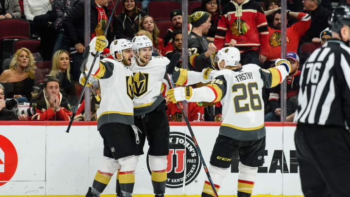 CHICAGO, IL – JANUARY 12: Vegas Golden Knights defenseman Shea Theodore (27) celebrates his game winning goal in overtime during an NHL hockey game between the Vegas Golden Knights and the Chicago Blackhawks on January 12, 2019, at the United Center in Chicago, IL. (Photo By Daniel Bartel/Icon Sportswire via Getty Images)