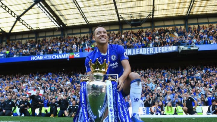 LONDON, ENGLAND - MAY 21: John Terry of Chelsea poses with the Premier League Trophy after the Premier League match between Chelsea and Sunderland at Stamford Bridge on May 21, 2017 in London, England. (Photo by Michael Regan/Getty Images)