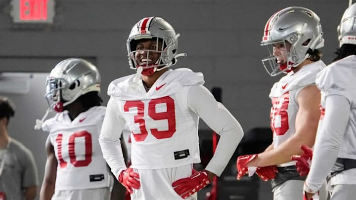Mar 9, 2023; Columbus, Ohio, USA; Ohio State Buckeyes defensive back Andrew Moore (39) smiles during spring football practice at the Woody Hayes Athletic Center. Mandatory Credit: Adam Cairns-The Columbus DispatchFootball Buckeyes Spring Football