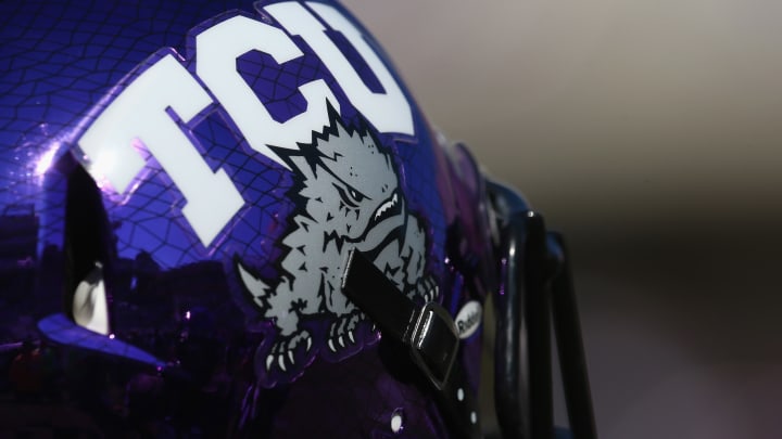 FORT WORTH, TX – OCTOBER 25: A detail of the TCU Horned Frogs helmet at Amon G. Carter Stadium on October 25, 2014 in Fort Worth, Texas. (Photo by Ronald Martinez/Getty Images)