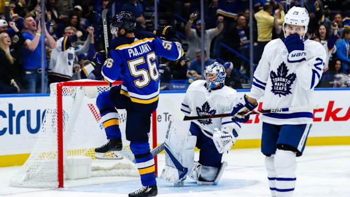 ST. LOUIS, MO - NOVEMBER 04: St. Louis Blues' Magnus Paajarvi, left, celebrates after scoring a goal as Toronto Maple Leafs goalie Frederik Andersen, right, looks on during the third period of an NHL hockey game between the St. Louis Blues and the Toronto Maple Leafs. The St. Louis Blues defeated the Toronto Maple Leafs 6-4 on November 04, 2017, at Scottrade Center in St. Louis, MO. (Photo by Tim Spyers/Icon Sportswire via Getty Images)