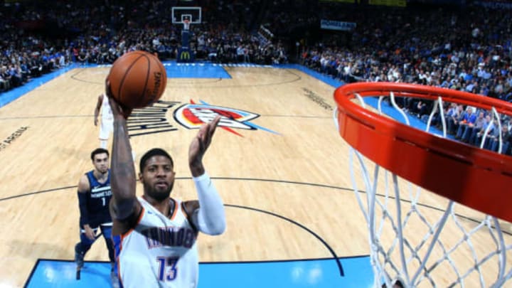 OKLAHOMA CITY, OK- DECEMBER 1: Paul George #13 of the Oklahoma City Thunder shoots the ball against the Minnesota Timberwolves on December 1, 2017 at Chesapeake Energy Arena in Oklahoma City, Oklahoma. NOTE TO USER: User expressly acknowledges and agrees that, by downloading and or using this photograph, User is consenting to the terms and conditions of the Getty Images License Agreement. Mandatory Copyright Notice: Copyright 2017 NBAE (Photo by Layne Murdoch Sr./NBAE via Getty Images)