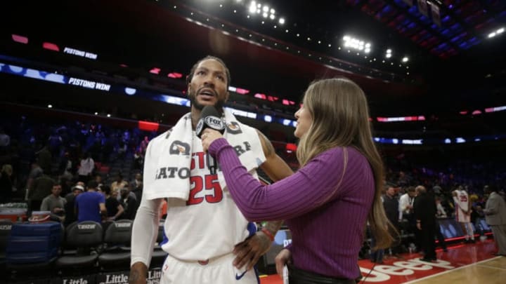 DETROIT, MI - OCTOBER 28: Derrick Rose #25 of the Detroit Pistons is interviewed after a game against the Indiana Pacers on October 28, 2019 at Little Caesars Arena in Detroit, Michigan. NOTE TO USER: User expressly acknowledges and agrees that, by downloading and/or using this photograph, User is consenting to the terms and conditions of the Getty Images License Agreement. Mandatory Copyright Notice: Copyright 2019 NBAE (Photo by Brian Sevald/NBAE via Getty Images)