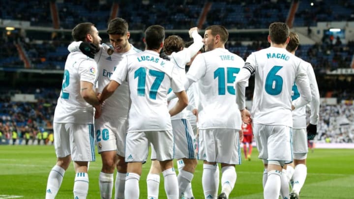 , SPAIN - JANUARY 10: Lucas Vazquez of Real Madrid celebrates 1-0 with Dani Carvajal of Real Madrid, Marco Asensio of Real Madrid, Theo Hernandez of Real Madrid, Nacho of Real Madrid during the Spanish Copa del Rey match between Real Madrid v Numancia on January 10, 2018 (Photo by Laurens Lindhout/Soccrates/Getty Images)