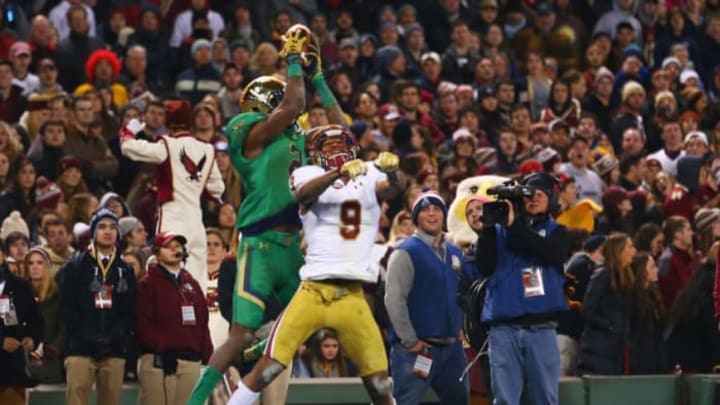 Notre Dame wide receiver Chris Brown (2) and Boston College safety John Johnson (9). (Photo by Maddie Meyer/Getty Images)