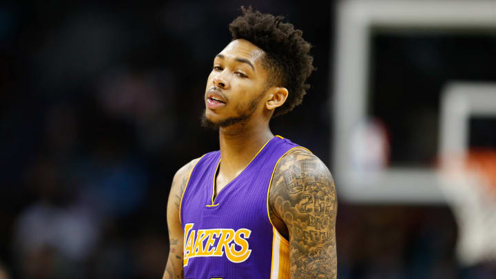 Dec 20, 2016; Charlotte, NC, USA; Los Angeles Lakers forward Brandon Ingram (14) stands on the court in the second half against the Charlotte Hornets at Spectrum Center. The Hornets defeated the Lakers 117-113. Mandatory Credit: Jeremy Brevard-USA TODAY Sports