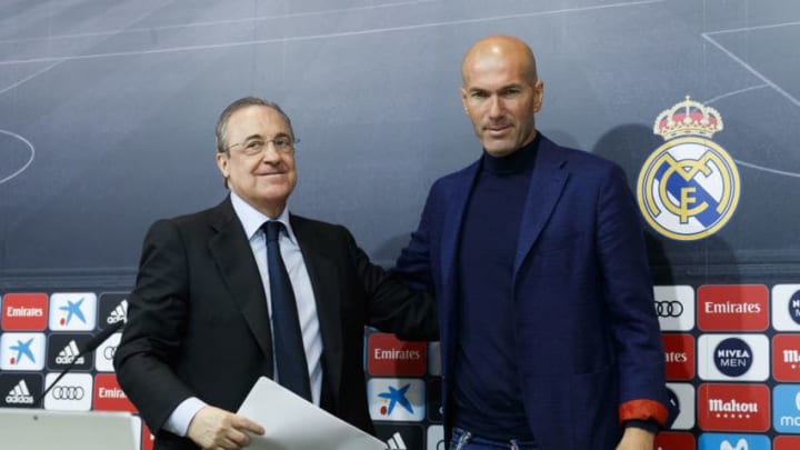MADRID, SPAIN - MAY 31: Real Madrid CF president Florentino Perez (L) and Zinedine Zidane (R) attend a press conference to announce his resignation as Real Madrid manager at Valdebebas Sport City on May 31, 2018 in Madrid, Spain. Zidane steps down from the position of Manager of Real Madrid, after leading the club to it's third consecutive UEFA Champions League title. (Photo by Angel Martinez/Real Madrid via Getty Images)