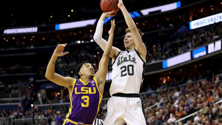 WASHINGTON, DC – MARCH 29: Matt McQuaid #20 of the Michigan State Spartans shoots the ball against Tremont Waters #3 of the LSU Tigers during the first half in the East Regional game of the 2019 NCAA Men’s Basketball Tournament at Capital One Arena on March 29, 2019 in Washington, DC. (Photo by Patrick Smith/Getty Images)