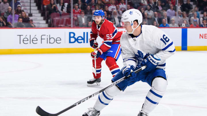 MONTREAL, QC - SEPTEMBER 26: Toronto Maple Leafs center Mitchell Marner (16) skates during the first period of the NHL preseason game between the Toronto Maple Leafs and the Montreal Canadiens on September 26, 2018, at the Bell Centre in Montreal, QC (Photo by Vincent Ethier/Icon Sportswire via Getty Images)