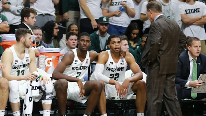 EAST LANSING, MI – NOVEMBER 19: Miles Bridges #22 and Jaren Jackson Jr. #2 of the Michigan State Spartans sits on the bench during the game against the Stony Brook Seawolves at Breslin Center on November 19, 2017 in East Lansing, Michigan. (Photo by Rey Del Rio/Getty Images)