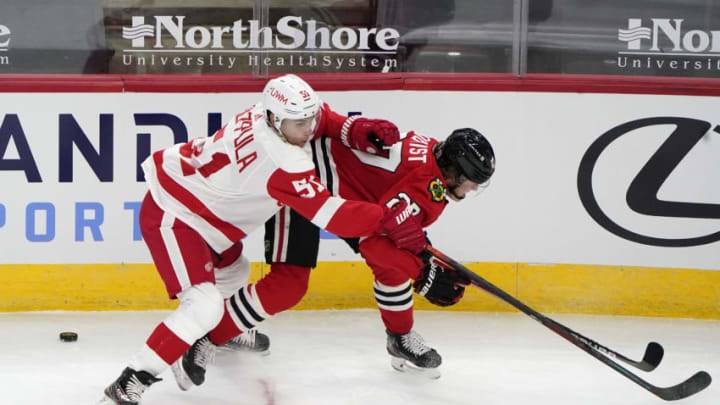 Jan 22, 2021; Chicago, Illinois, USA; Detroit Red Wings center Valtteri Filppula (51) steals the puck from Chicago Blackhawks defenseman Adam Boqvist (27) during the first period at the United Center. Mandatory Credit: Mike Dinovo-USA TODAY Sports