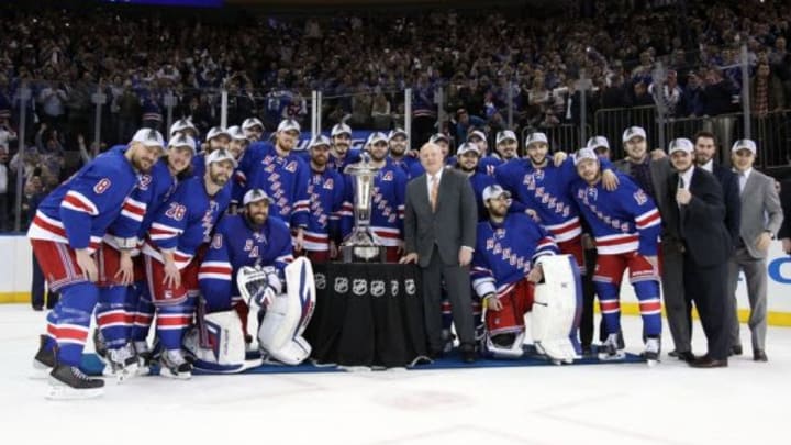 May 29, 2014; New York, NY, USA; The New York Rangers pose with the Prince of Whales Trophy after beating the Montreal Canadiens 1-0 in game six of the Eastern Conference Final of the 2014 Stanley Cup Playoffs at Madison Square Garden. Mandatory Credit: Adam Hunger-USA TODAY Sports