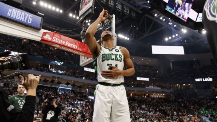 Apr 17, 2022; Milwaukee, Wisconsin, USA; Milwaukee Bucks forward Giannis Antetokounmpo (34) gestures prior to the game against the Chicago Bulls during game one of the first round for the 2022 NBA playoffs at Fiserv Forum. Mandatory Credit: Jeff Hanisch-USA TODAY Sports