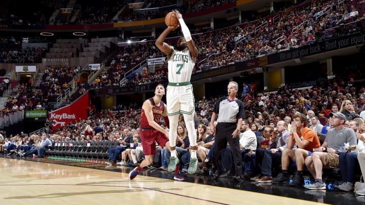 Boston Celtics Jaylen Brown launches a three-pointer.
