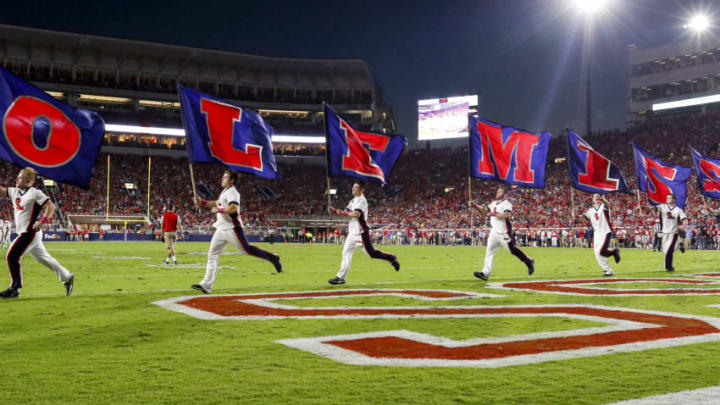 OXFORD, MS - OCTOBER 29: Mississippi Rebels cheerleaders celebrate after a touchdown during the 2nd half of an NCAA college football game against the Auburn Tigers on October 29, 2016 in Oxford, Mississippi. (Photo by Butch Dill/Getty Images)