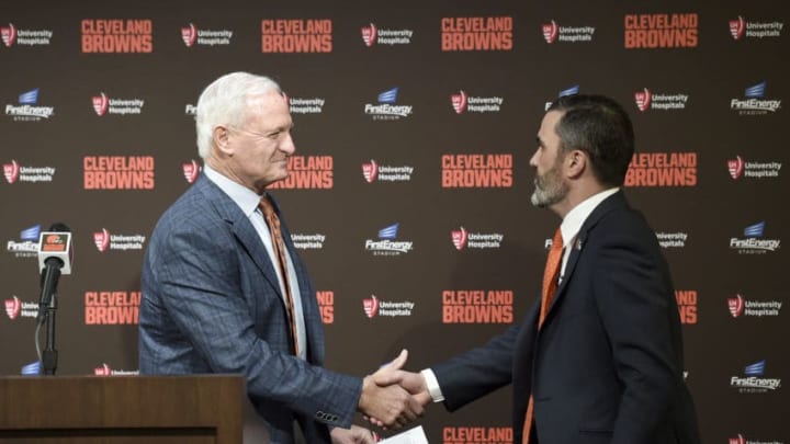 CLEVELAND, OHIO - JANUARY 14: Team owner Jimmy Haslam shakes hands with Kevin Stefanski after introducing Stefanski as the Cleveland Browns new head coach on January 14, 2020 in Cleveland, Ohio. (Photo by Jason Miller/Getty Images)