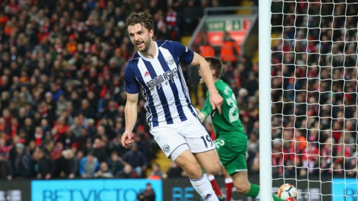 LIVERPOOL, ENGLAND - JANUARY 27: Jay Rodriguez of West Bromwich Albion celebrates after scoring his sides second goal during The Emirates FA Cup Fourth Round match between Liverpool and West Bromwich Albion at Anfield on January 27, 2018 in Liverpool, England. (Photo by Alex Livesey/Getty Images)