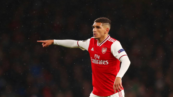 LONDON, ENGLAND - OCTOBER 03: Lucas Torreira of Arsenal signals to his team-mates during the UEFA Europa League group F match between Arsenal FC and Standard Liege at Emirates Stadium on October 03, 2019 in London, United Kingdom. (Photo by Dan Istitene/Getty Images)