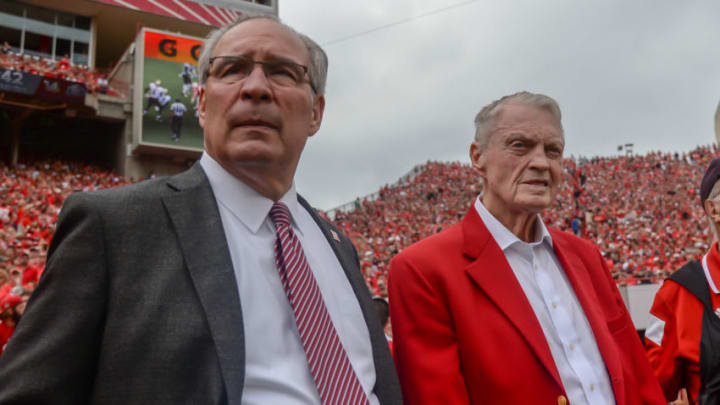 LINCOLN, NE - SEPTEMBER 08: Athletic Director Bill Moos of the Nebraska Cornhuskers and former head coach Tom Osborne watch action against the Colorado Buffaloes at Memorial Stadium on September 8, 2018 in Lincoln, Nebraska. (Photo by Steven Branscombe/Getty Images)
