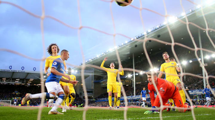 LIVERPOOL, ENGLAND - MARCH 17: Kepa Arrizabalaga of Chelsea reacts after Gylfi Sigurdsson scores his sides second goal during the Premier League match between Everton FC and Chelsea FC at Goodison Park on March 17, 2019 in Liverpool, United Kingdom. (Photo by Alex Livesey/Getty Images)