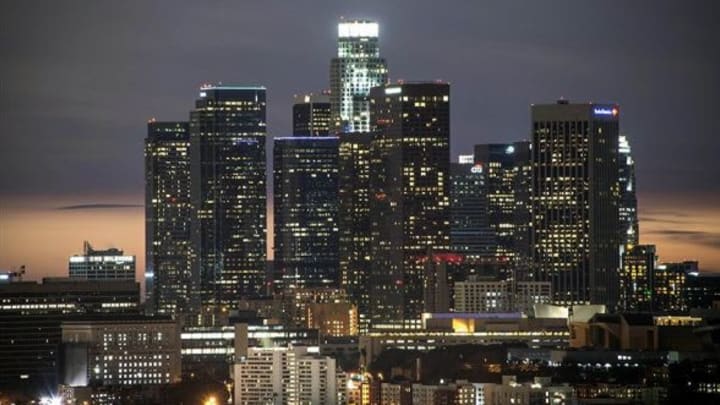 Feb 11, 2014; Los Angeles, CA, USA; General view of the downtown Los Angeles skyline before the NBA game between the Utah Jazz and the Los Angeles Lakers. Mandatory Credit: Kirby Lee-USA TODAY Sports