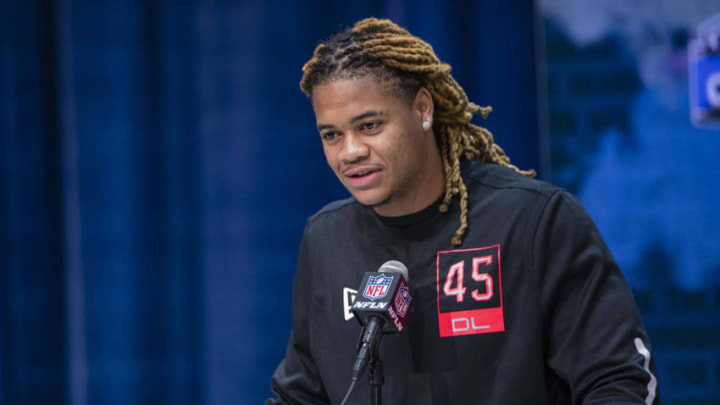 INDIANAPOLIS, IN - FEBRUARY 27: Chase Young #DL45 of the Ohio State Buckeyes speaks to the media at the Indiana Convention Center on February 27, 2020 in Indianapolis, Indiana. (Photo by Michael Hickey/Getty Images)