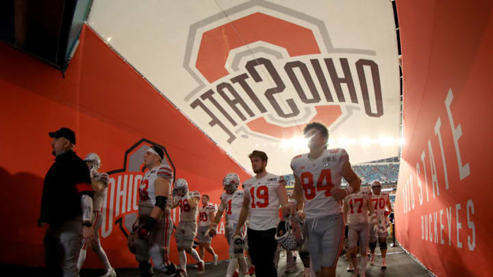 MIAMI GARDENS, FLORIDA - JANUARY 11: The Ohio State Buckeyes head in for the half at the College Football Playoff National Championship game against the Alabama Crimson Tide at Hard Rock Stadium on January 11, 2021 in Miami Gardens, Florida. (Photo by Mike Ehrmann/Getty Images)