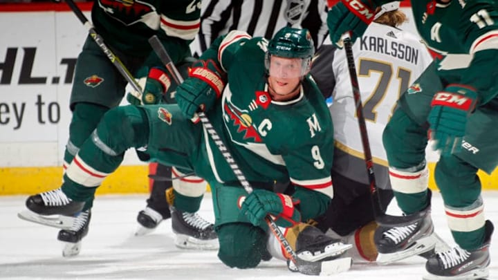 ST. PAUL, MN - OCTOBER 6: Mikko Koivu #9 of the Minnesota Wild eyes the puck after a face-off win during a game between the Minnesota Wild and Las Vegas Golden Knights at Xcel Energy Center on October 6, 2018 in St. Paul, Minnesota. The Golden Knights defeated the Wild 2-1 in a shootout.(Photo by Bruce Kluckhohn/NHLI via Getty Images)