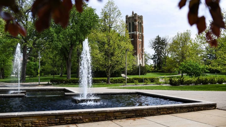 The water fountains in front of the MSU Library and Beaumont Tower on the campus of Michigan State University, seen Thursday, May 19, 2022.Beaumont Towermd7 3930
