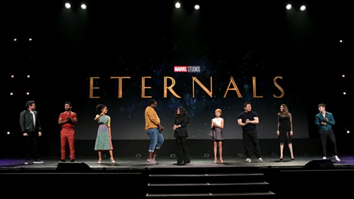 ANAHEIM, CALIFORNIA – AUGUST 24: (L-R) Richard Madden, Kumail Nanjiani, Lauren Ridloff, Salma Hayek, Lia McHugh, Don Lee, Angelina Jolie, and Barry Keoghan of ‘The Eternals’ took part today in the Walt Disney Studios presentation at Disney’s D23 EXPO 2019 in Anaheim, Calif. ‘The Eternals’ will be released in U.S. theaters on November 6, 2020. (Photo by Jesse Grant/Getty Images for Disney)