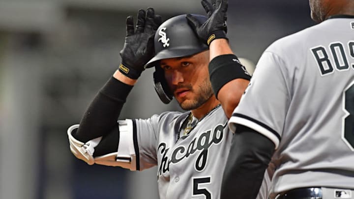 CLEVELAND, OHIO - MAY 06: Yolmer Sanchez #5 of the Chicago White Sox celebrates after hitting an RBI single during the eighth inning at Progressive Field on May 06, 2019 in Cleveland, Ohio. The White Sox defeated the Indians 9-1. (Photo by Jason Miller/Getty Images)