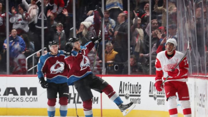 DENVER, CO - MARCH 5: Nathan MacKinnon #29 of the Colorado Avalanche celebrates after a game winning goal against the Detroit Red Wings at the Pepsi Center on March 5, 2019 in Denver, Colorado. The Avalanche defeated the Red Wings 4-3 in overtime. (Photo by Michael Martin/NHLI via Getty Images)